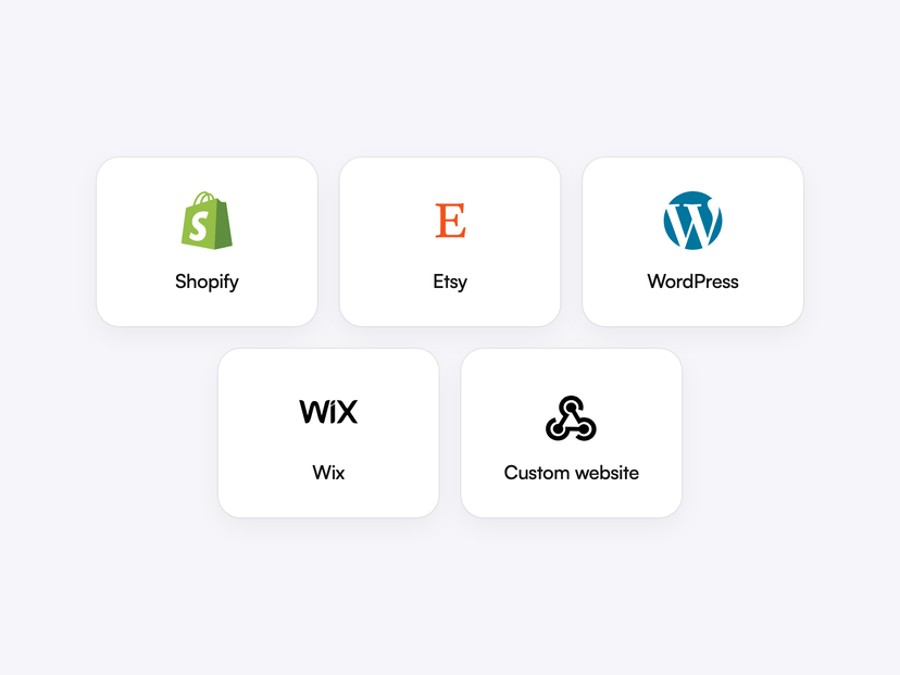 Logos der Integrationen für Shopify, Etsy, WordPress, Wix und eigene Websites